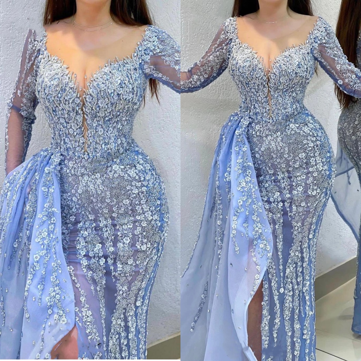 Evening Dresses For Women Sheer Neck Gown Split Side Sequins Crystal Sweep Train Customized Dress Party
