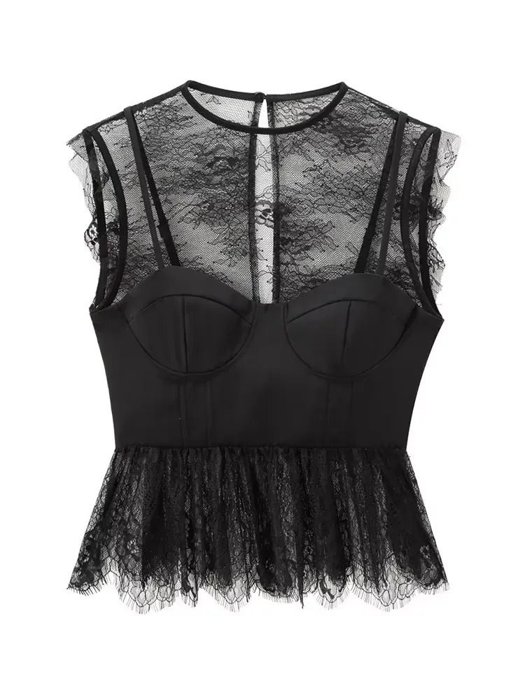 TRAF Fashion Women Lace Patchwork Tops Female Sleeveless Oneck Backless Shirt Elegant Sweet Black Club Party 241216
