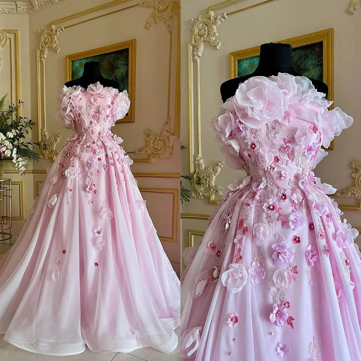 ful 3D ral Appliques Pink Prom Dresses Princess Long Evening Dress Pearls Beaded wers Special Ocn Gown 2025 Spring
