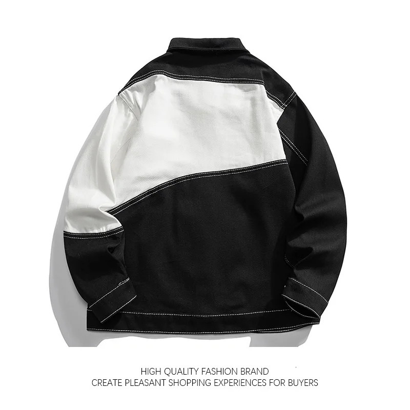Color-blocking Denim Jacket Autumn Winter Black White Lapel Jeans Coat Mens Personalized Street Motorcycle Cargo Jacket 241214