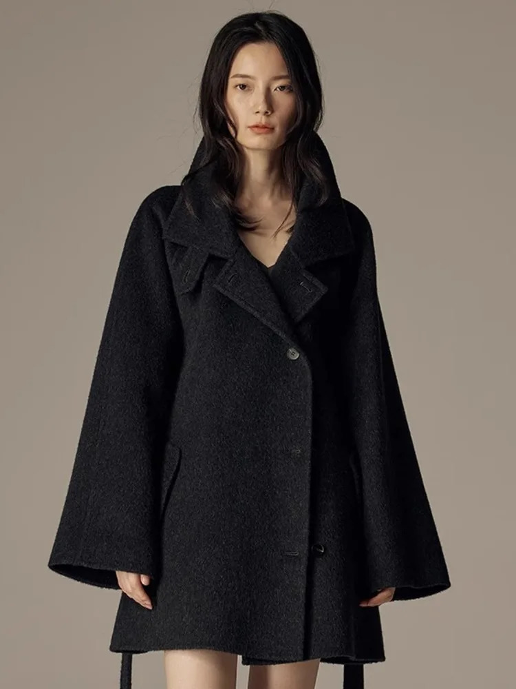 DFDG Autumn And Winter Mid To Long Waistband Single Breasted Stand Up Collar Cashmere Woolen Coat For Women 241217
