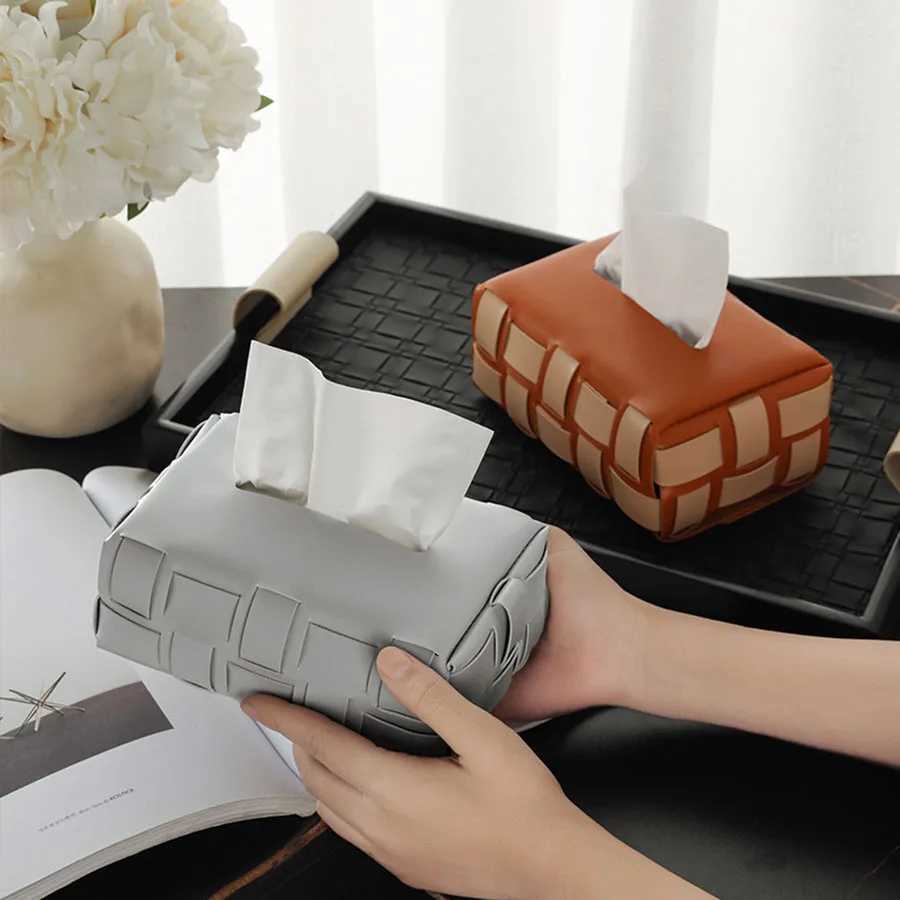 PU Leather Paper Holder Double Plaid Woven Tissue Box Luxury Desktop Napkin Organizer A Creative Handkerchief Towel Cover Y241218