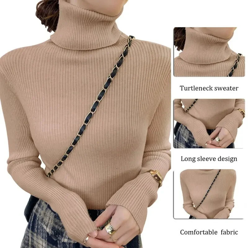 Women Sweater Pullover Winter Knitted Turtleneck Long Sleeve Slim Jumper Tops Ladies Casual Shirts Soft Warm Y2K Clothing 241217