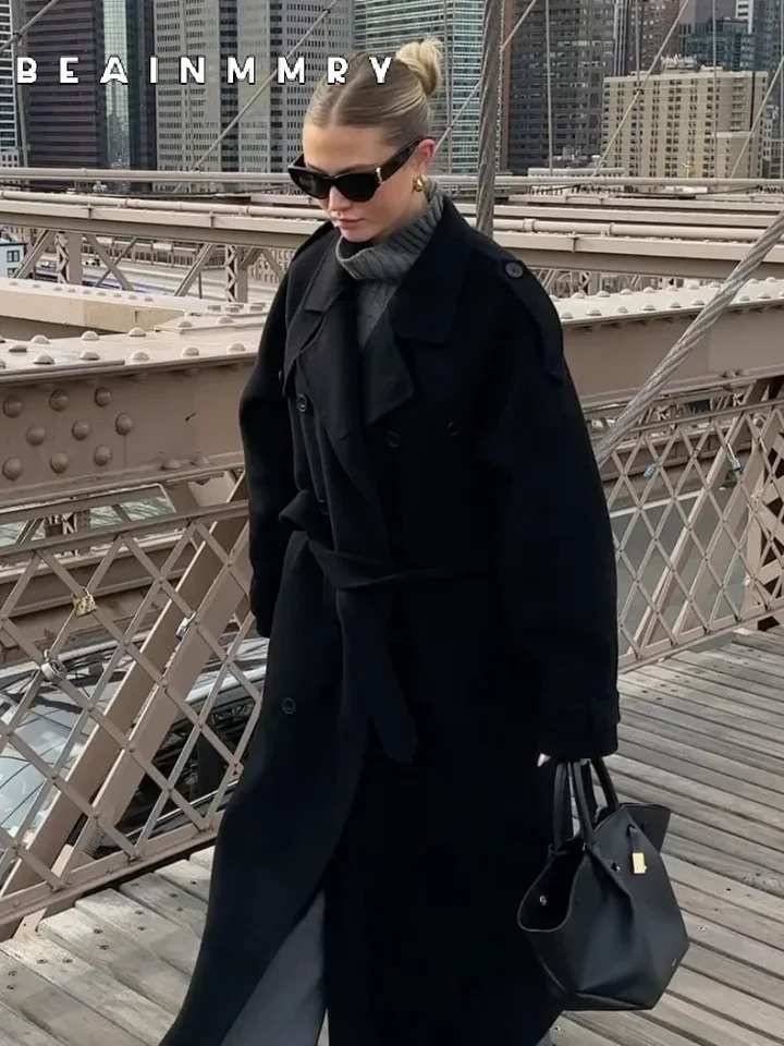 Womens oversized loose double button lapel coat fashionable black wool long coat with autumn street womens coat 241211
