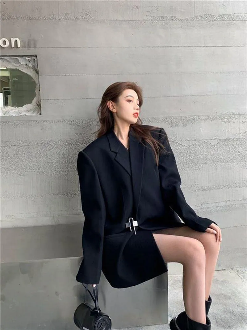 Women Formal Wear Solid Notched Suits Woman Loose Oversize Blazer Dress Jackets
