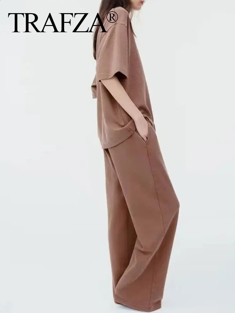 TRAFZA Womens Retro Solid Shirt Pants Set O-neck Short sleeved Shirt TopElastic Waist Loose Trouser Spring Set 241217