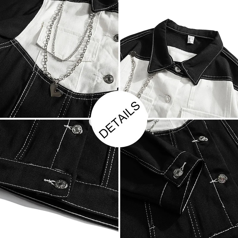 Color-blocking Denim Jacket Autumn Winter Black White Lapel Jeans Coat Mens Personalized Street Motorcycle Cargo Jacket 241214