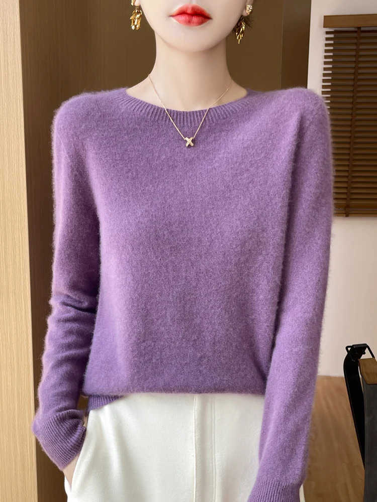 Autumn Winter Women Clothing O-Neck Pullover 100% Merino Wool Sweater Fashion Cashmere Tops Bottoming Long Sleeve Knitwear 241217
