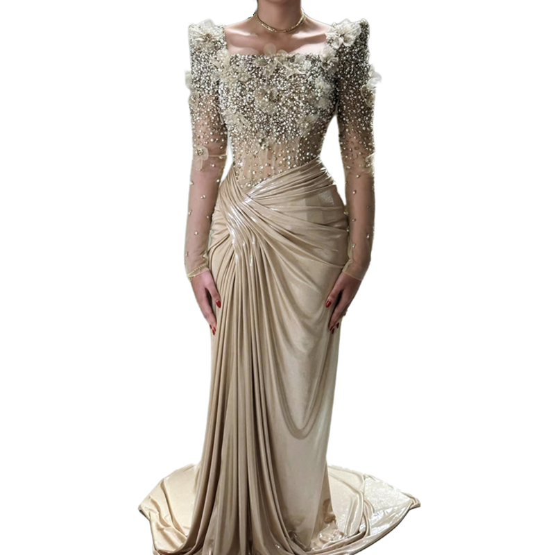 2025 Elegant Champagne Mermaid Evening Dresses Crystals Beads Long Sleeves Formal Occasion Gowns With 3D Floral Appliques Pleats Celebrity Prom Dress 
