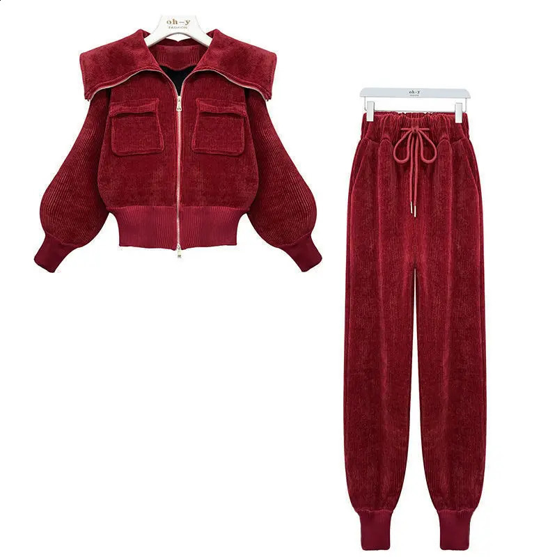 Corduroy set womens spring/summer polo neck ultra-thin jacket high waisted casual pants two-piece set womens clothing 241217