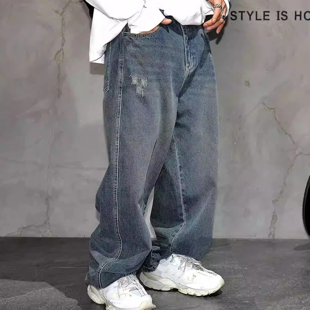 High quality hiphop stacked pocket jeans mens streetwear denim pants Korean fashion straight leg Harajuku style 241212Z