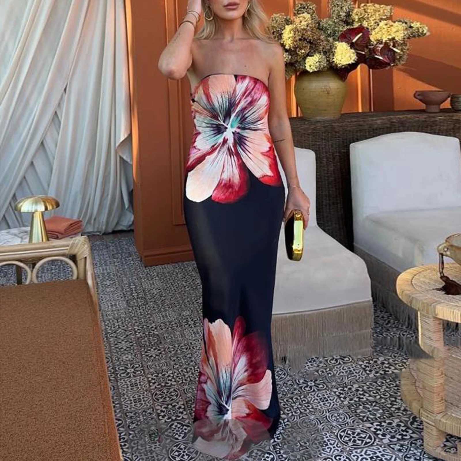 hirigin Women Y2K Floral Print Tube Maxi Dress Graphic Strapless Backless Long Dress Vintage Off Shoulder Summer SundressXJ241218