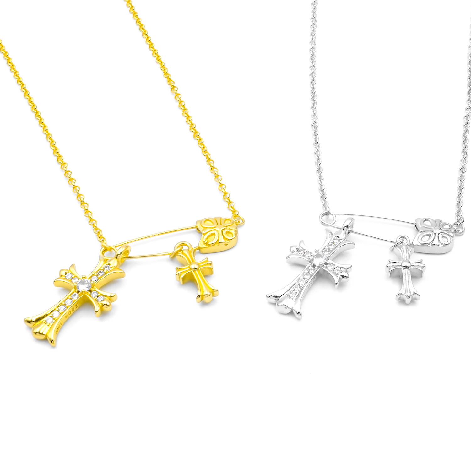 Luxury Paperclip safety pin Cross Pendant Necklace for women with Sparkling AAAAA Zirconia and 18k gold plated choker necklace