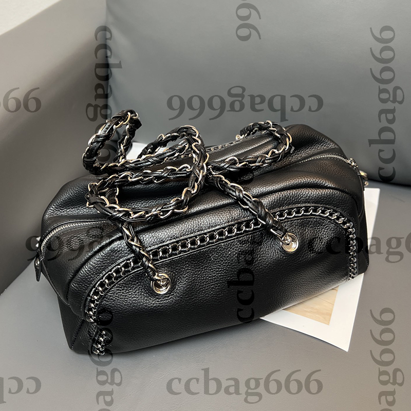 Vintage Calfskin Jumbo Bowling Shoulder Tote Bags Aged Silver Metal Hardware Matelasse Chain Handbag Large Capacity Stylish Motorcycle Outdoor Purse 33x17x15cm