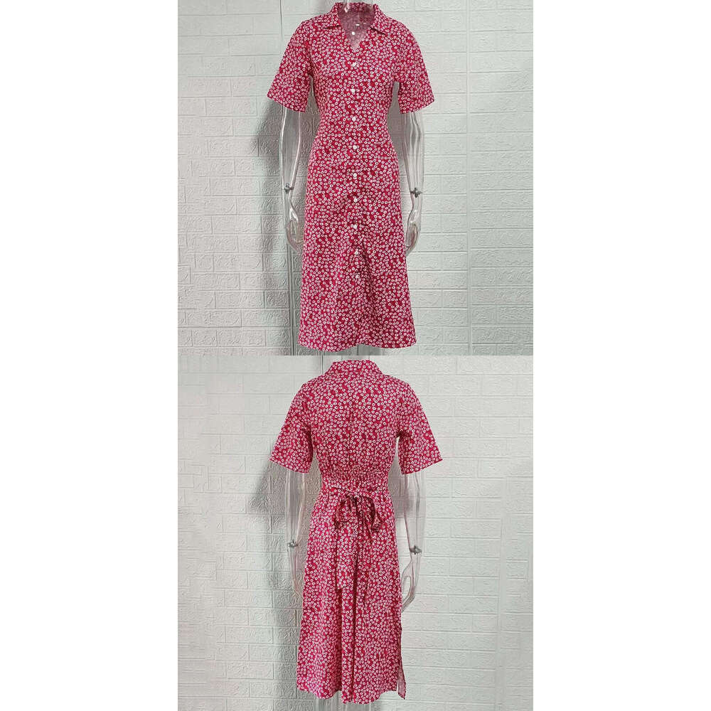 New Printed Dress With Lapel, Short Sleeved, Ral Mid Skirt, Temperament For Commuting, European And American Style, Fashionable Quality, Classic