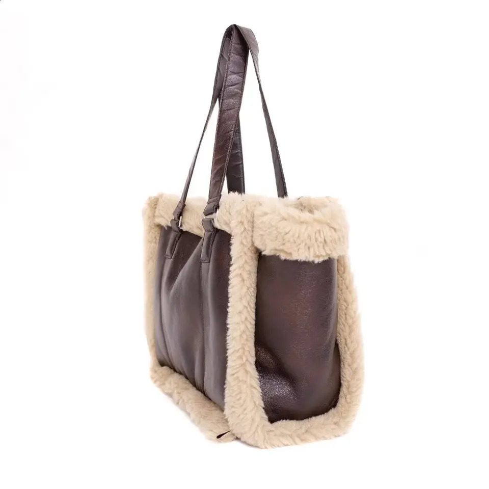 FAUX SHEARLING TOTE BAG traf winter fashion patchwork texture fur one hand bill shoulder fur large shopping bag 241216