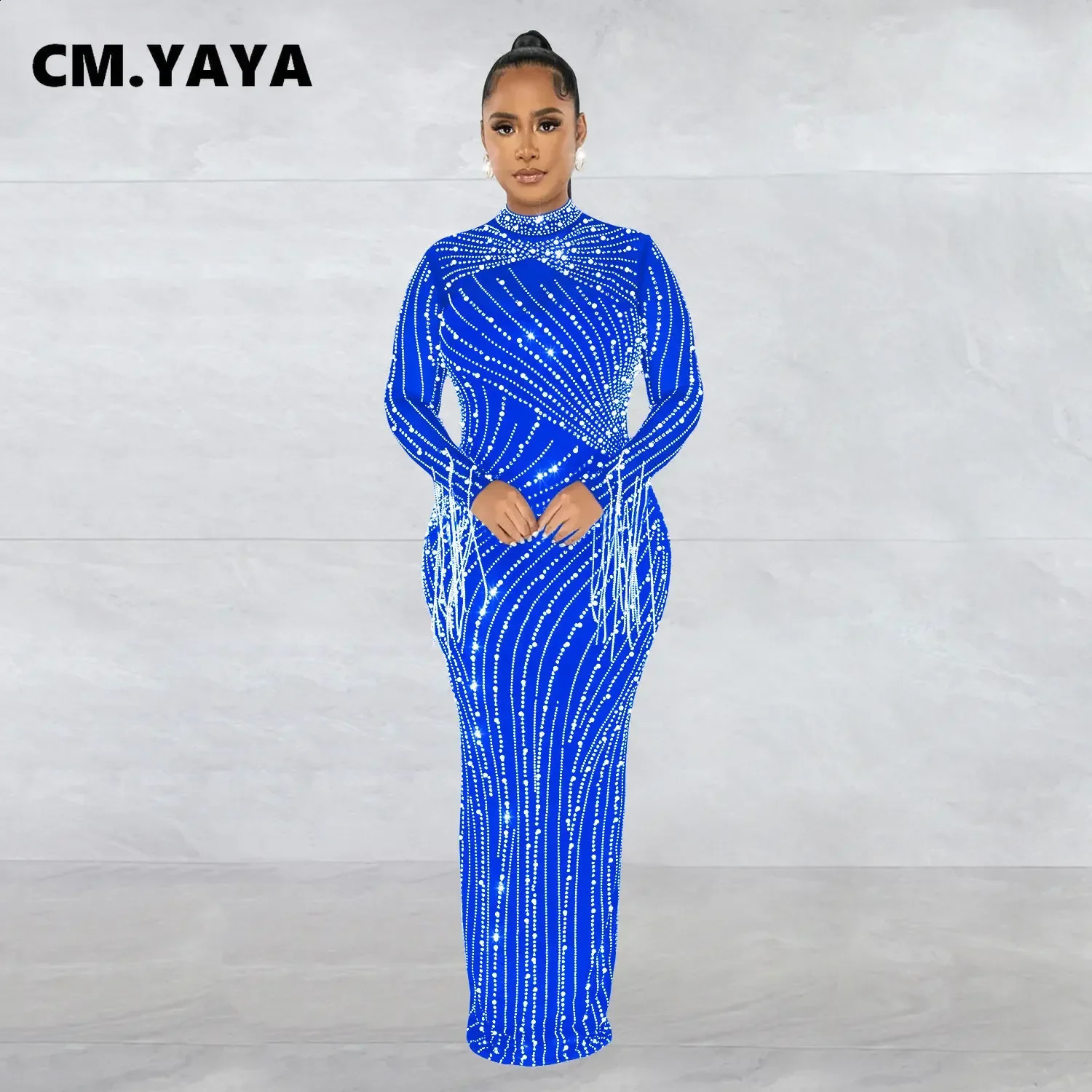 CM.YAYA Women Mesh Tassel Long Sleeve Diamonds Rhinestones Bodycon Midi Maxi Long Dress and Tank Inner Dresses 2piece Suit 241216