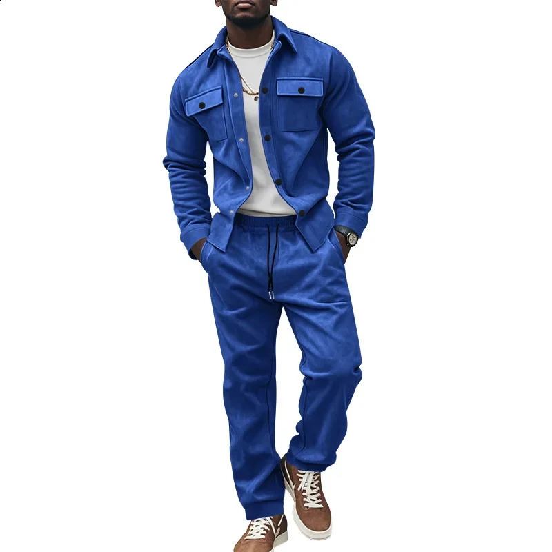 Autumn and winter cross-border American heavy jacket casual pants two-piece set solid color mens suede suit mens 241217