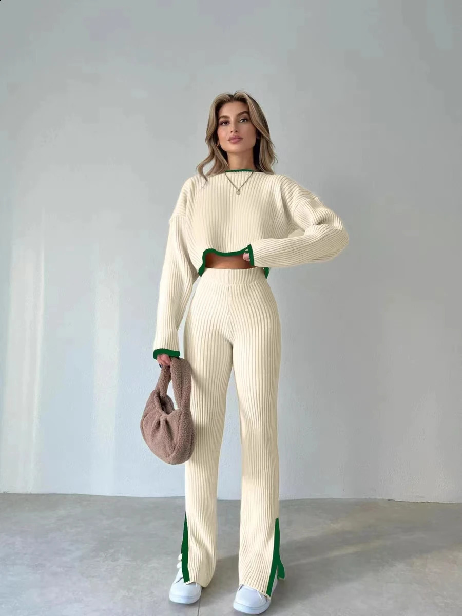 Womens sports shirt Flare Pants set casual zipper winter knitted long sleeved elegant sexy top autumn elastic sports pants 241217