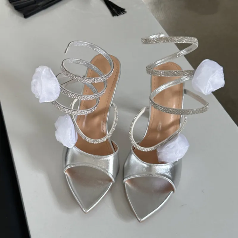 Liyke Summer Fashion Rhie Ankle Snake Twine Around Women Thin High Heels Sandals Sexy Pointed Toe Wedding Banquet Shoes