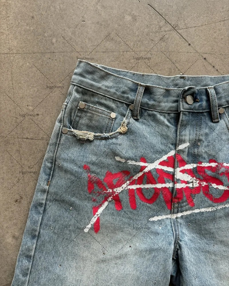 2024 Harajuku Street Hip Hop Casual Loose Straight Jeans Mens US Y2K Alphabet Printing Fashion Edition Denim Shorts 241212Z
