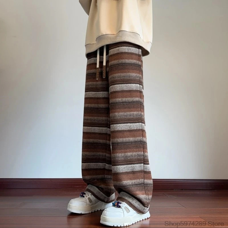 Wide Leg Pants Men Women Autumn Winter Fashion Casual Straight Pants Loose Mopping Pants Harajuku Vintage Striped Black/Coffee 241218
