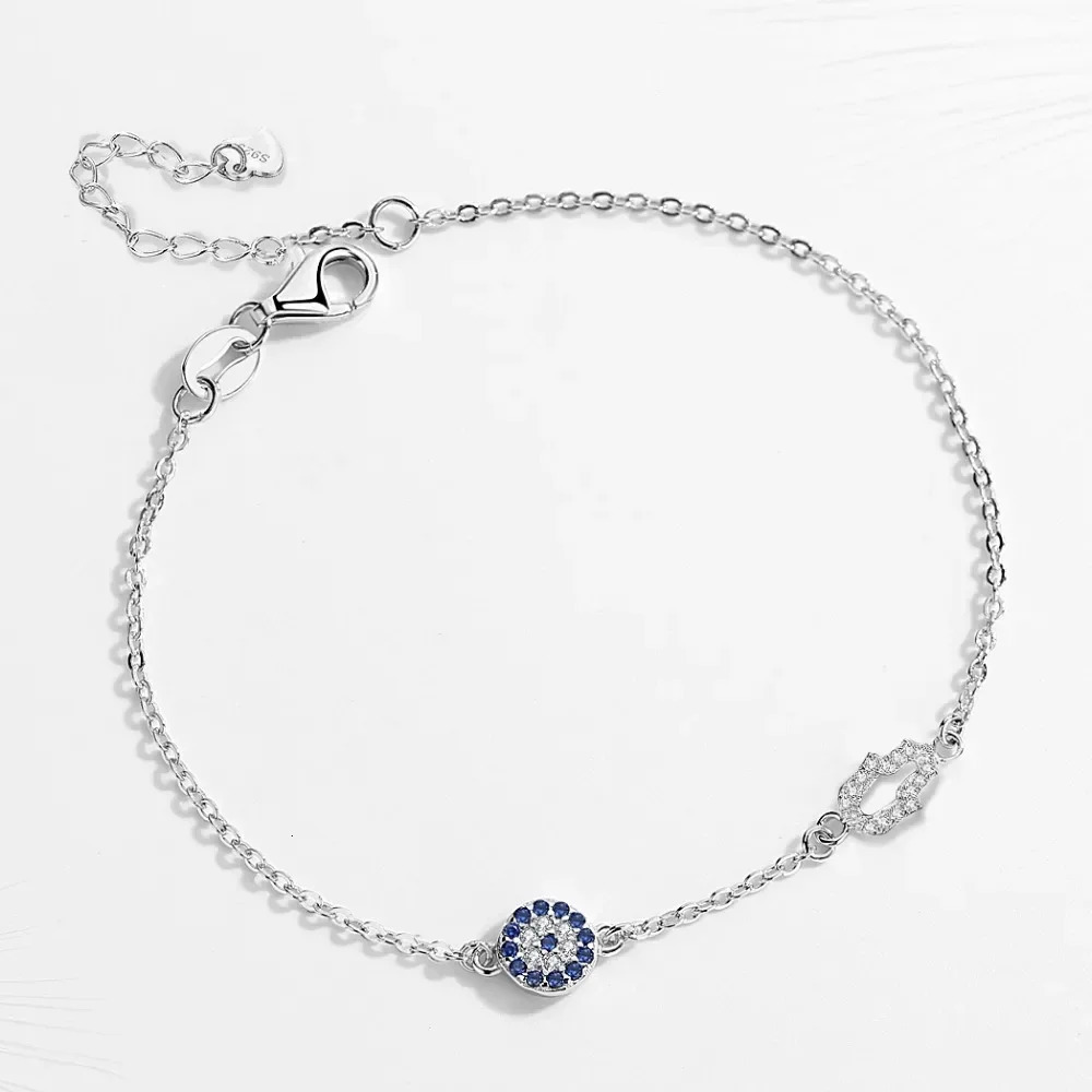 TONGZHE Hamsa Hand Charm Bracelet 925 Sterling Silver Luck Blue CZ Chain Link Bracelets For Women Turkish Jewelry 241214