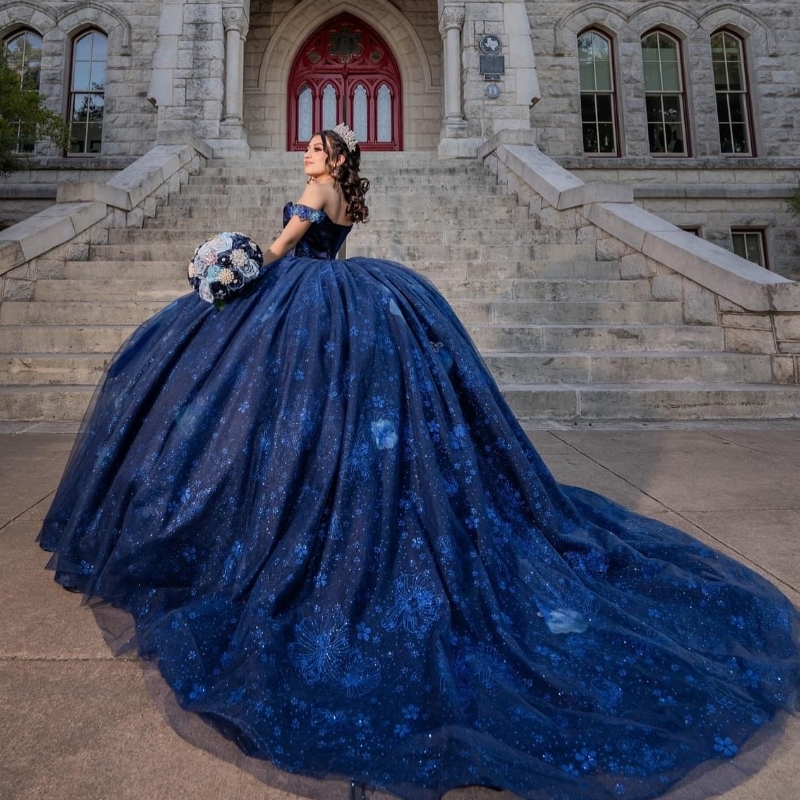 Navy Blue Off The Shoulder Ball Gown Quinceanera Dresses Sequin Applique Beads Sweet 16 Dress Party Birthday Corset Princess Vestidos De 15 Anos
