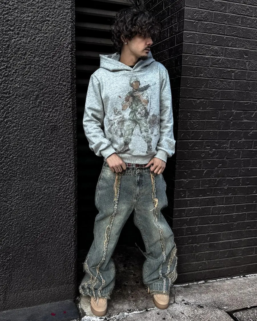 Oversized Loose Casual War Soldier Printed Hoodie Y2k Retro Old Grey Streetwear Pullover Winter Cotton Sweatshirt Men Clothing 241214