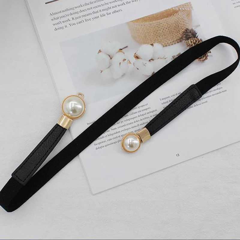 Creative Pearl Buckle PU Leather Dress Tight Waist Elastic Thin Womens Belt Womens Belt W241228