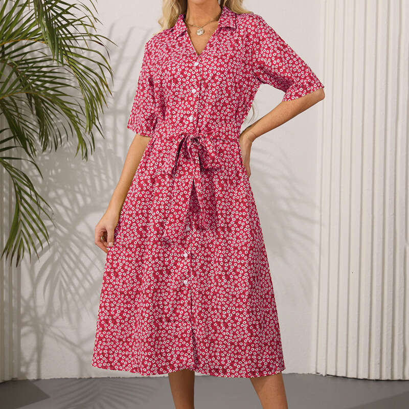 New Printed Dress With Lapel, Short Sleeved, Ral Mid Skirt, Temperament For Commuting, European And American Style, Fashionable Quality, Classic