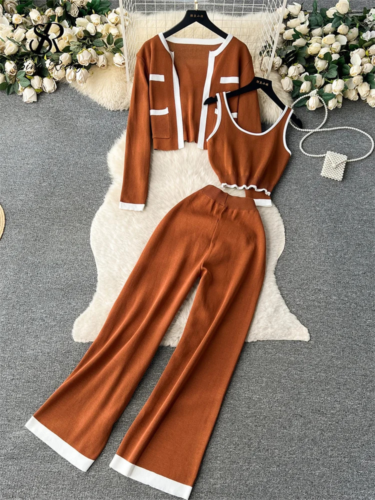 SINGREINY Autumn Knitted Three Pieces Sets Slim Tank TopLong Sleeves Short CardiganElastic Long Pants Fashion Sweater Set 241217