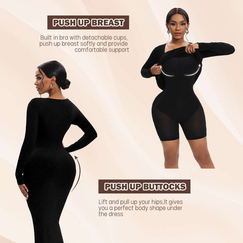 Women Long Sleeve Maxi Shapewear Slips Dress Slimming Waist Hip Enhancer Body Shaper With Built In Bra