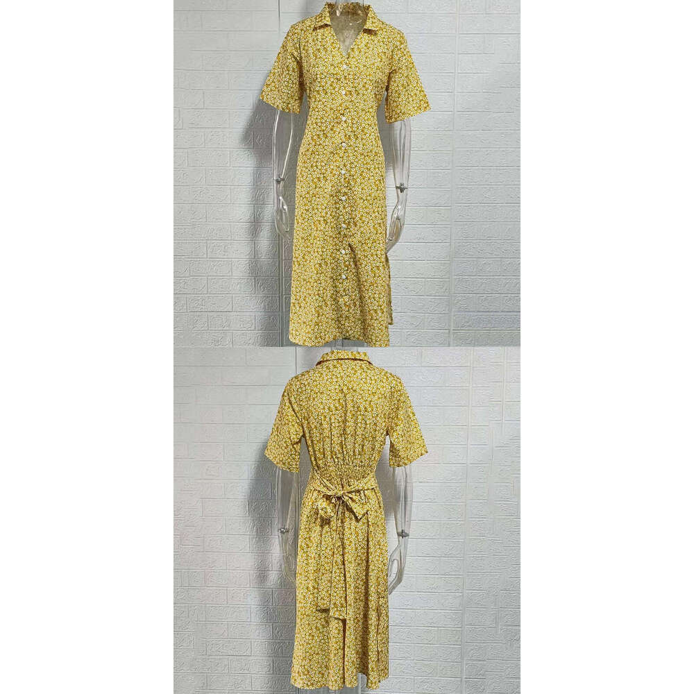 New Printed Dress With Lapel, Short Sleeved, Ral Mid Skirt, Temperament For Commuting, European And American Style, Fashionable Quality, Classic