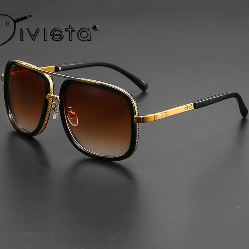 Oversized Square Sunglasses Men Mach One Luxury Brand Women Sun Glasses Male Retro Vintage Steampunk Metal Classic Flat Top Mirror Gold JH04 IVISTA