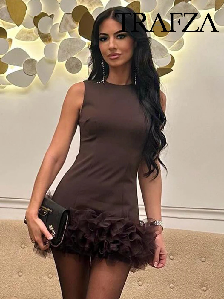 TRAFZA Womens Fashion Edition Round Neck Solid Chiffon Splicing Dress for Womens Sexy and Elegant Slimming Sleeveless Zipper Short Skirt 241213