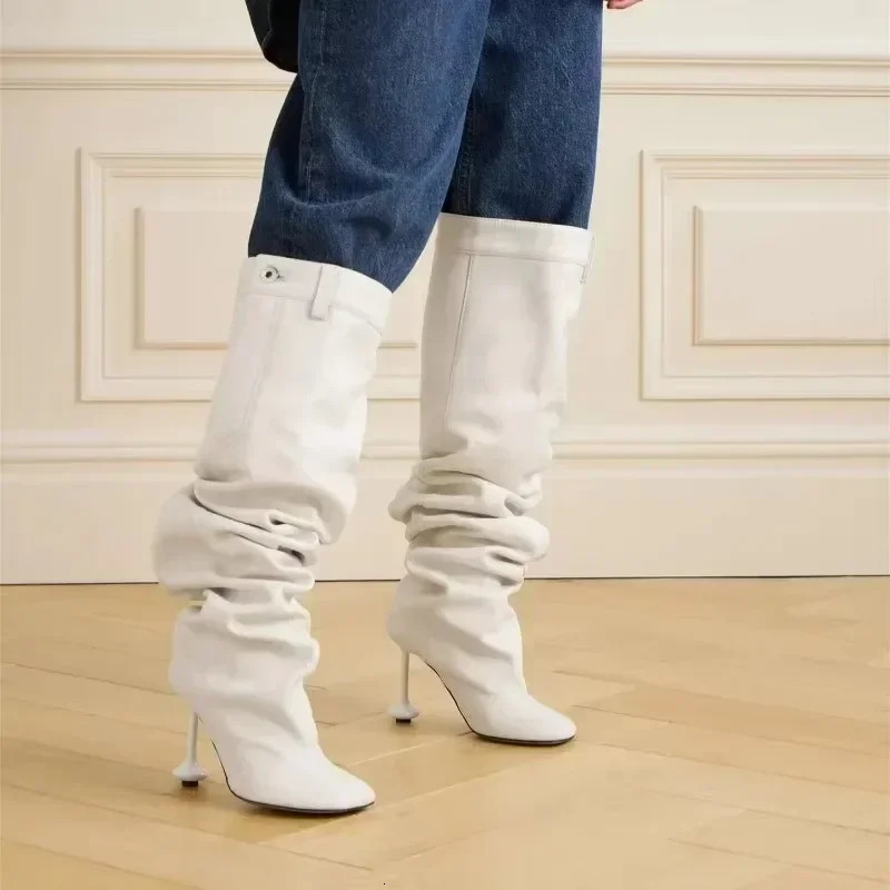 European and American Sexy Wine Glasses Knee High Wide Tube Stacking Boots for Womens Fashion High-heeled Sleeve Boots 241218