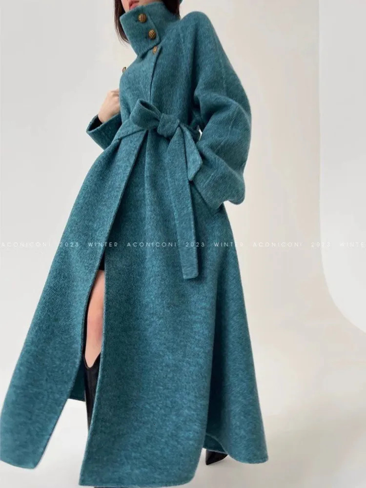 Highend Stand Collar Blue Woolen Overcoat for Women y Elegant Long Jacket with Belt Female Temperament Fashion Streetwears 241217