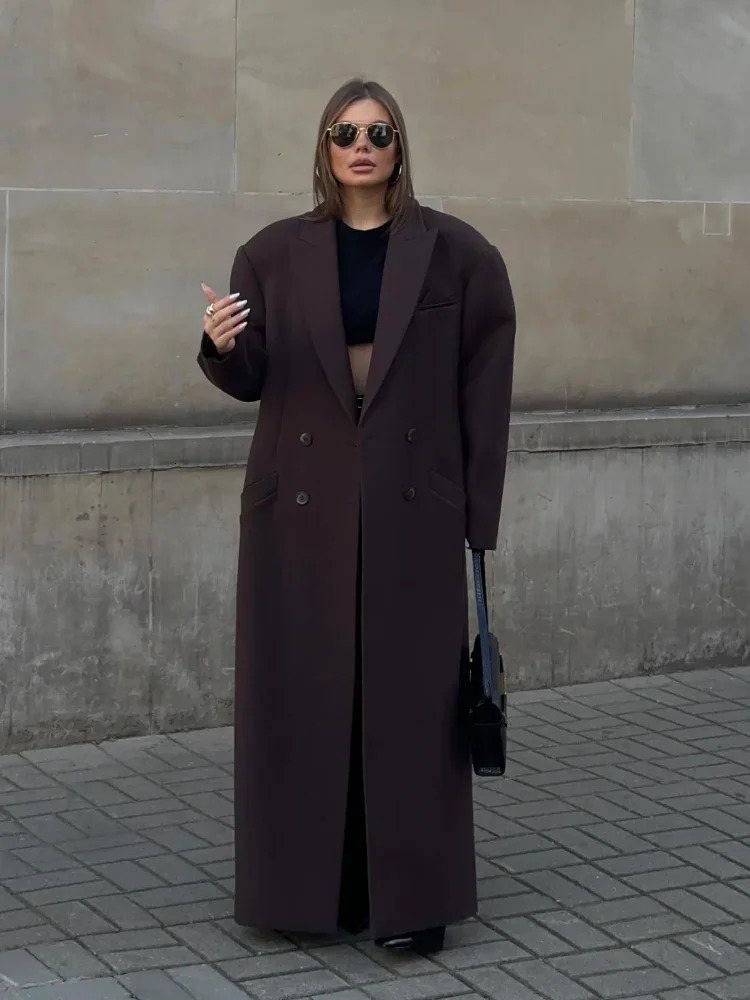 Vintage Brown Double Breasted Long Coat With Shoulder Pad Women Elegant Lapel Full Sleeves Loose Overcoats Autumn Lady Outwears 241217