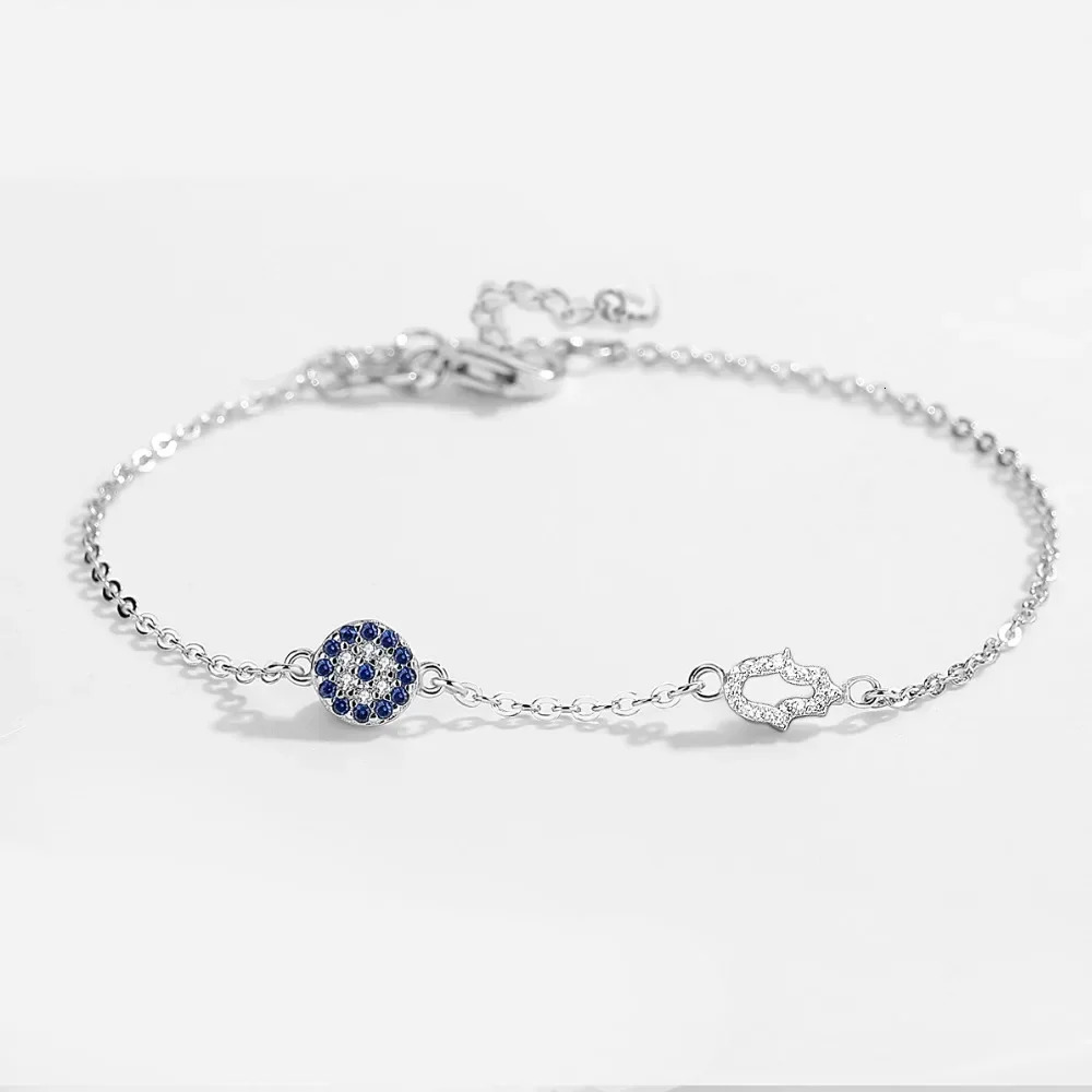 TONGZHE Hamsa Hand Charm Bracelet 925 Sterling Silver Luck Blue CZ Chain Link Bracelets For Women Turkish Jewelry 241214