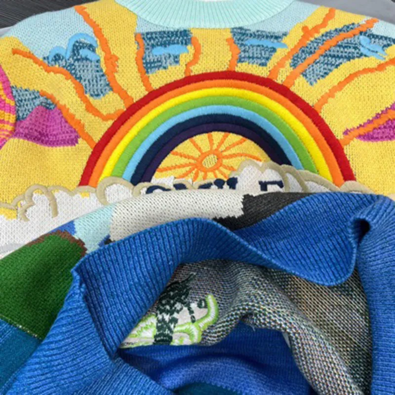 Embroidered Rainbow Oversized Knit Sweater for Women Distinctive Style Mid-Length Top Sweater