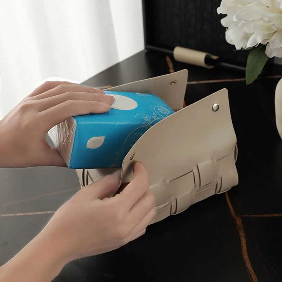 PU Leather Paper Holder Double Plaid Woven Tissue Box Luxury Desktop Napkin Organizer A Creative Handkerchief Towel Cover Y241218