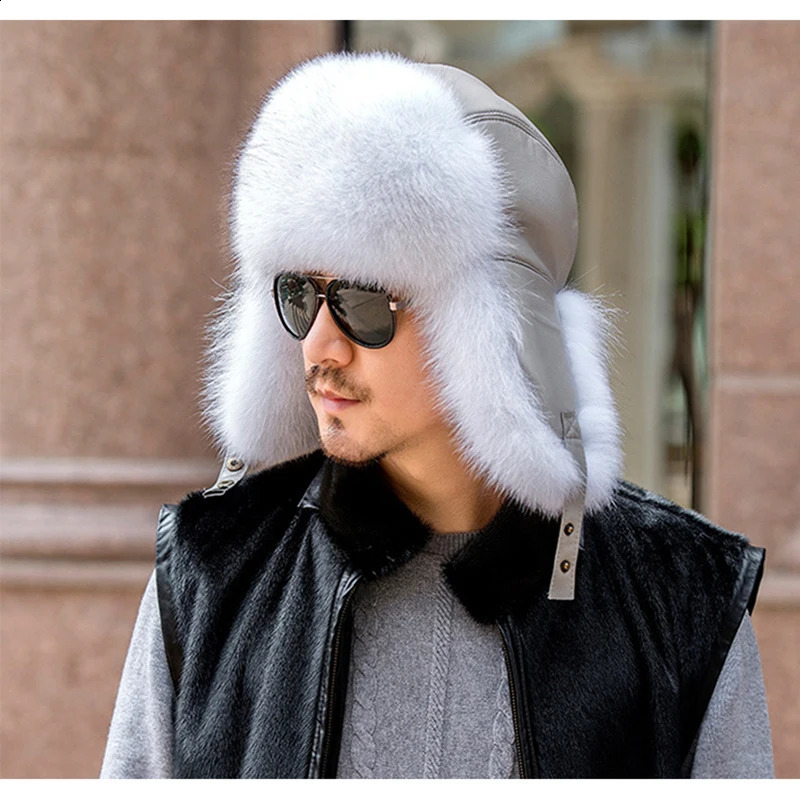 Winter Mens 100 Real Silver Fur Bomber Hat Raccoon Ushanka Cap Trapper Russian Man Ski Hats Caps Leather 241217z