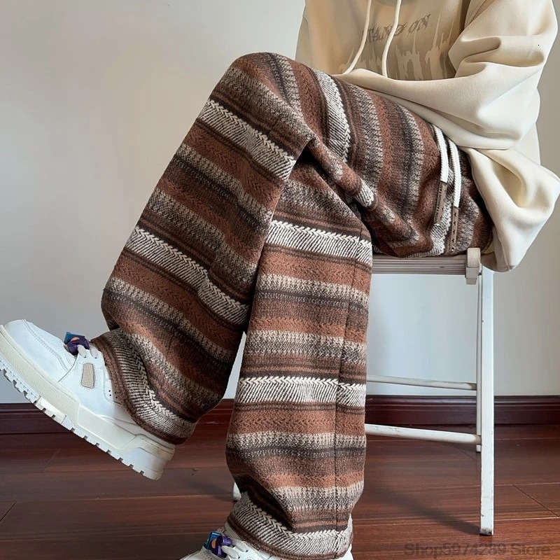 Wide Leg Pants Men Women Autumn Winter Fashion Casual Straight Pants Loose Mopping Pants Harajuku Vintage Striped Black/Coffee 241218
