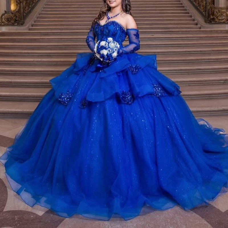 Royal Blue Shiny Quinceanera Dresses Crystal Beading Applique Lace Ball Gown Tull Sweet 16 Dress Vestidos De 15 Anos 0212D