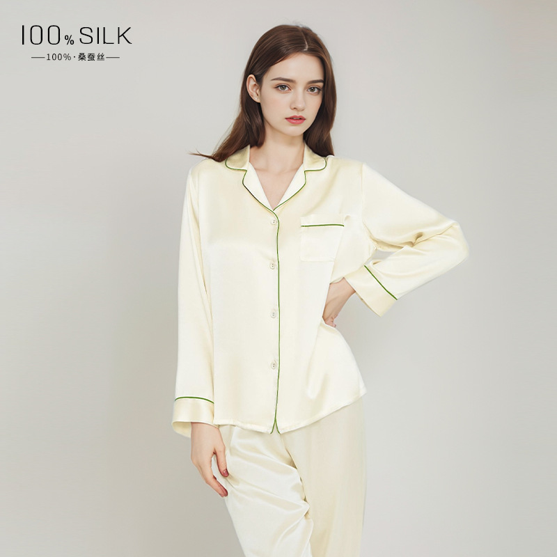 B216-European and American large size spring and autumn silk pajamas ladies summer new long sleeve trousers 100% mulberry silk home clothes suit