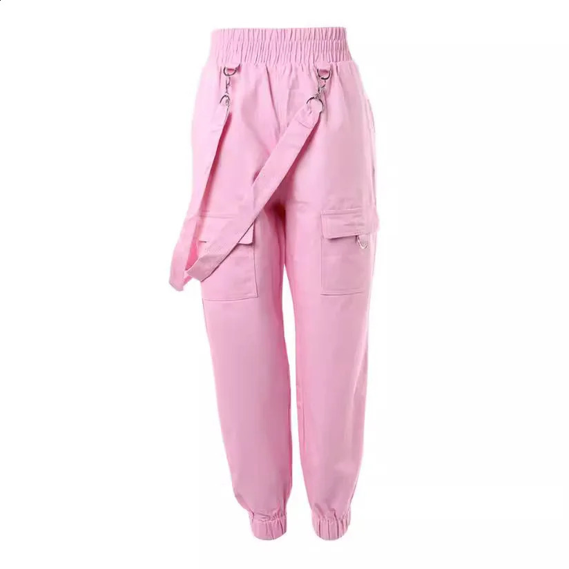 Womens Cargo Pants Casual Trousers Spring Autumn Solid Color Trend Street Pocket Cuff Suspenders Streetwear Women 241217