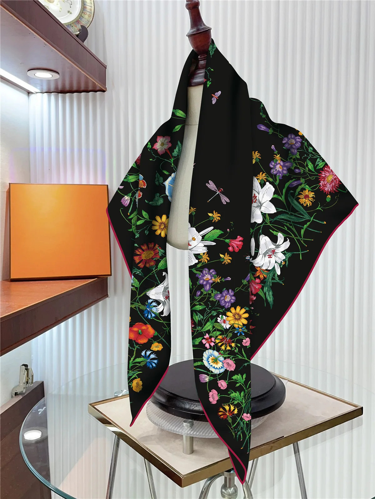 90cm Silk Scarf Women Plants Flowers Printed Square Scarves Head Echarpes Foulards Femme Wraps Shawls Bandana Lady Hijabs 241218