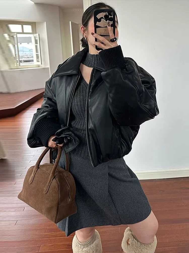 PU Leather Womens Winter Jacket Thick Warm Park Fashion Zipper Pocket Windproof Coat Cotton Pad Short Bomber Coat M241218