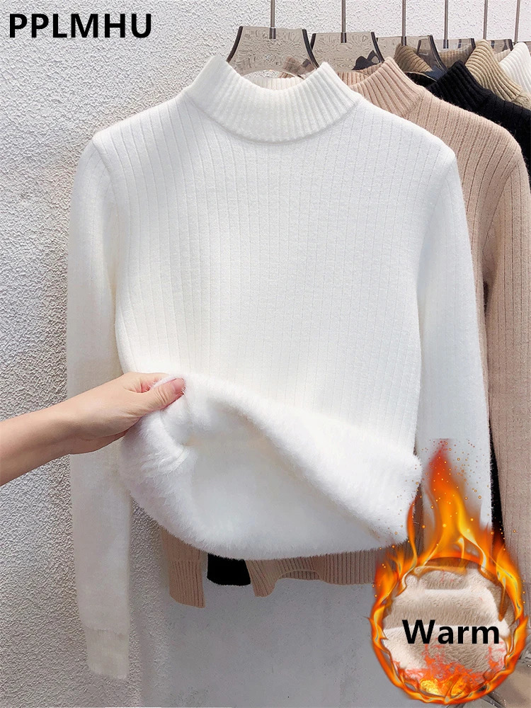 Sweater For Women Casual Thick Warm Knit Plush Velvet Lined Pullover Tops Fall Winter Soft Knitwear Jumper Slim Poleras 241217